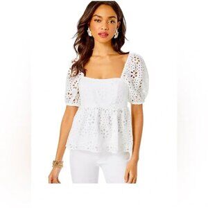 Lilly Pulitzer Kay Short Sleeve Eyelet Blouse Top Resort White 8 NWT